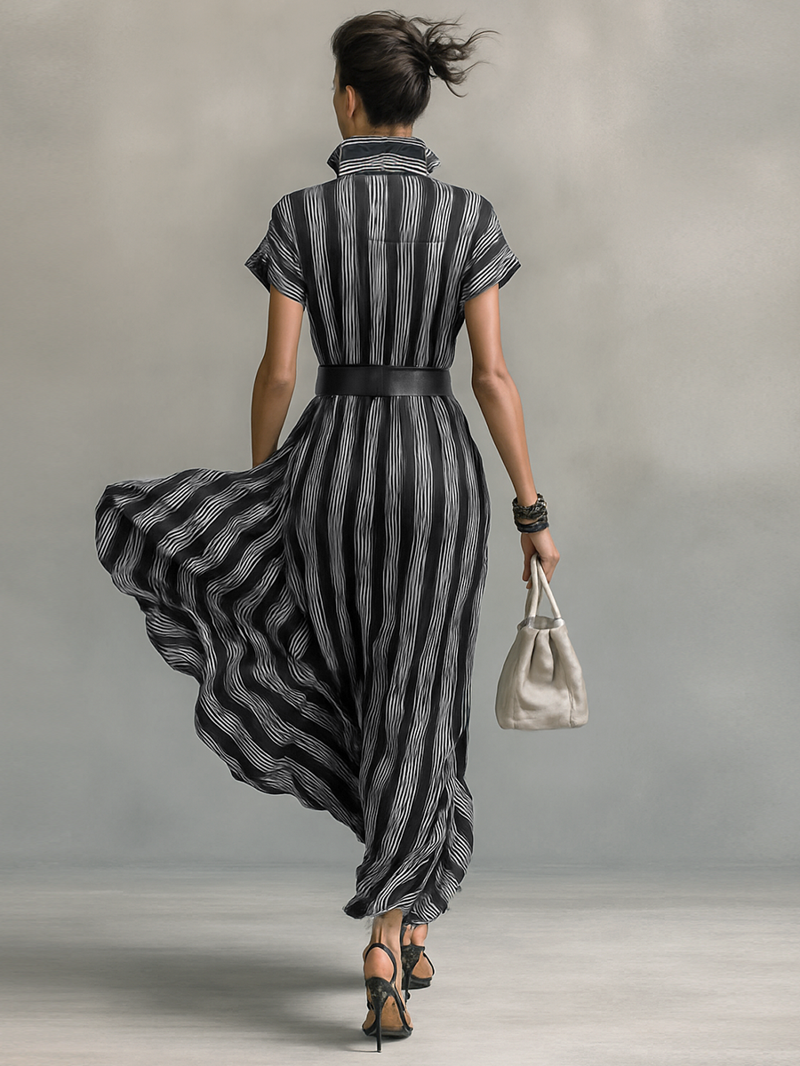 Maxi Striped Chiffon Dress with Collar Short Sleeves and Belt for an Elegant and Casual Look Women