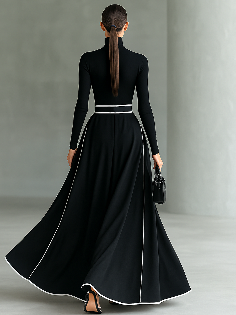 Elegant Black Maxi Dress with White Stitching, High Neck, Long Sleeves, and Slim Waist for a Sophisticated Look