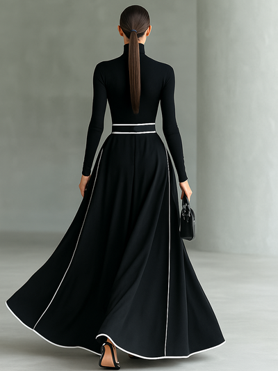 Elegant Black Maxi Dress with White Stitching, High Neck, Long Sleeves, and Slim Waist for a Sophisticated Look