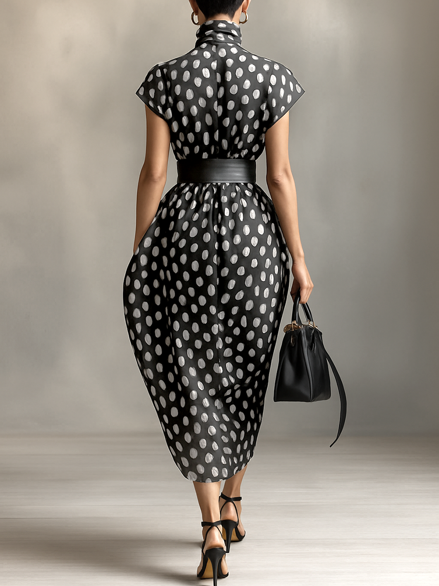 Elegant maxi chiffon polka dot dress with a refined turtleneck