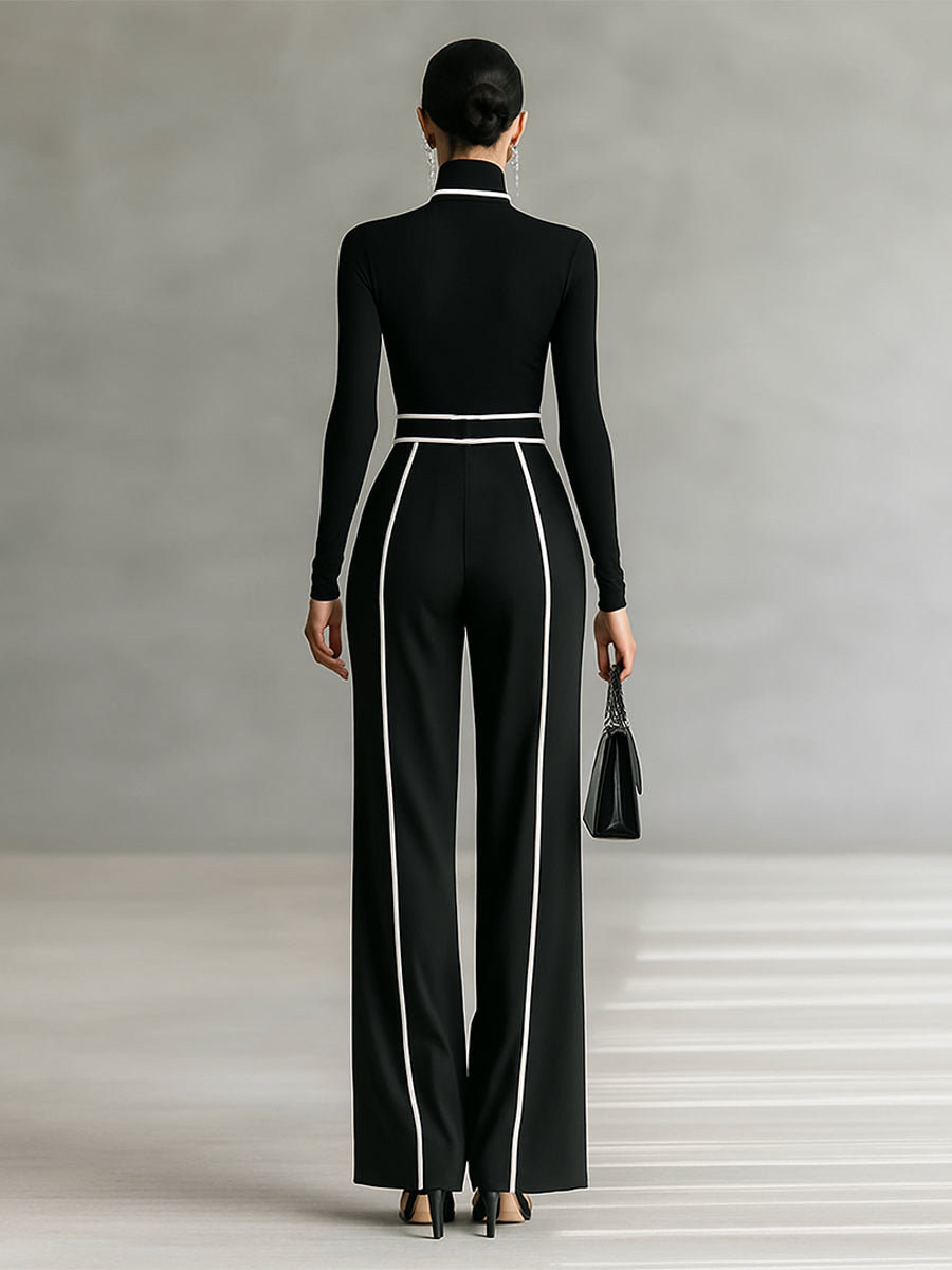 Elegant Women's 2-Piece Set with High Collar Top, Long Sleeves, Wide Leg Pants, and Slim Waist