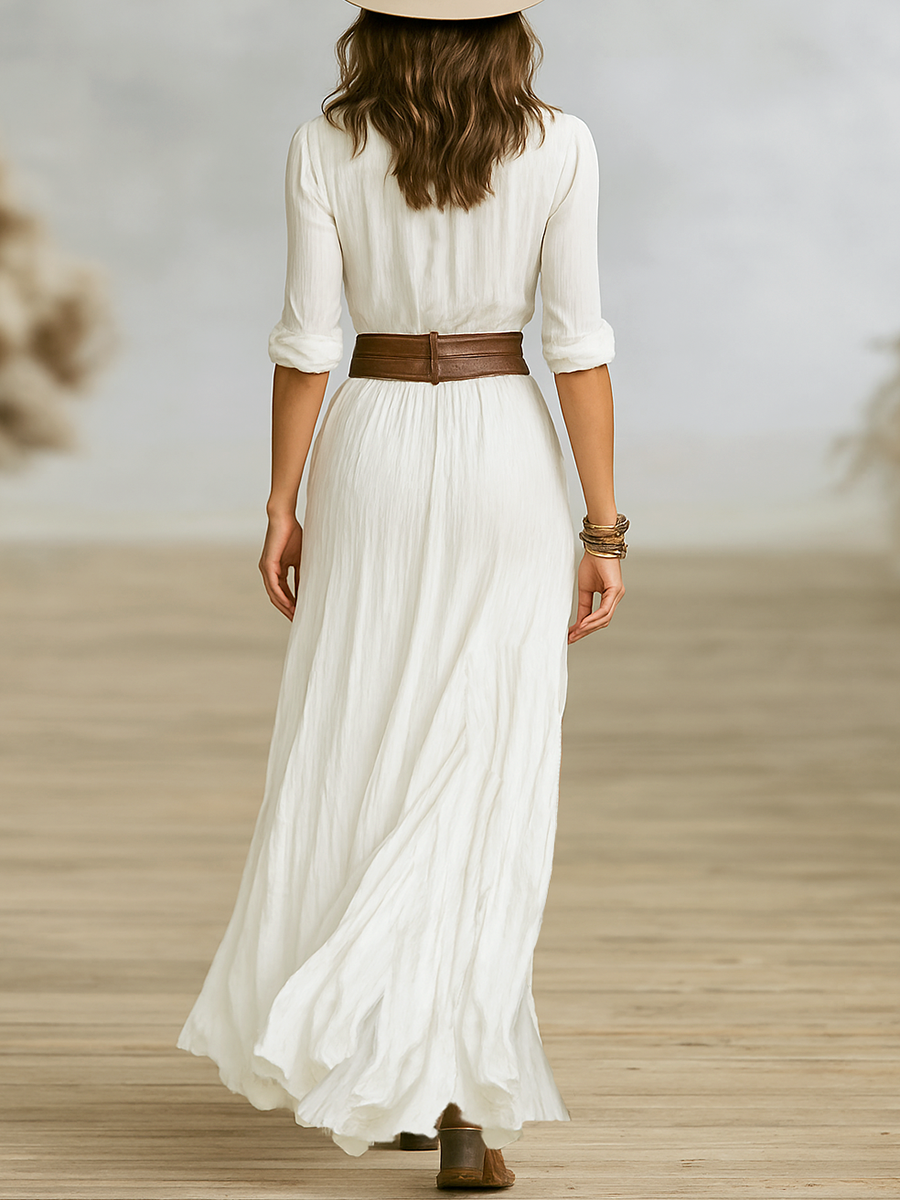 Elegant Long Maxi Dress for Women in Cotton and Imitation Linen with Reversible Collar for a Sophisticated Look