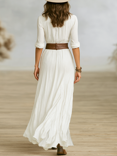 Elegant Long Maxi Dress for Women in Cotton and Imitation Linen with Reversible Collar for a Sophisticated Look