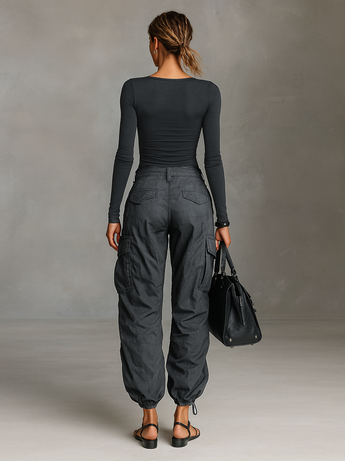 Elegant Two-Piece Set with Long Sleeve Square Neck T-Shirt and Comfortable Cargo Pants with Multiple Pockets