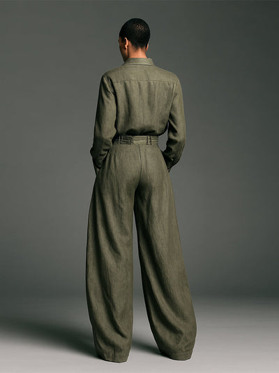 Elegant women's double set in cotton and linen with a long-sleeve shirt and wide-leg pants for a refined style