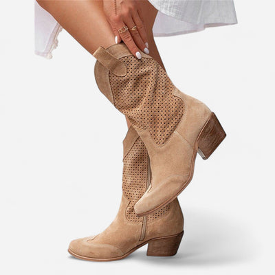 DIDA™ – Western Ankle Boots in Perforated Raccoon Leather with Block Heel