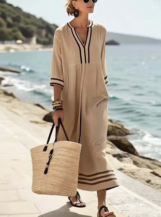 Long linen dress with contrasting detail