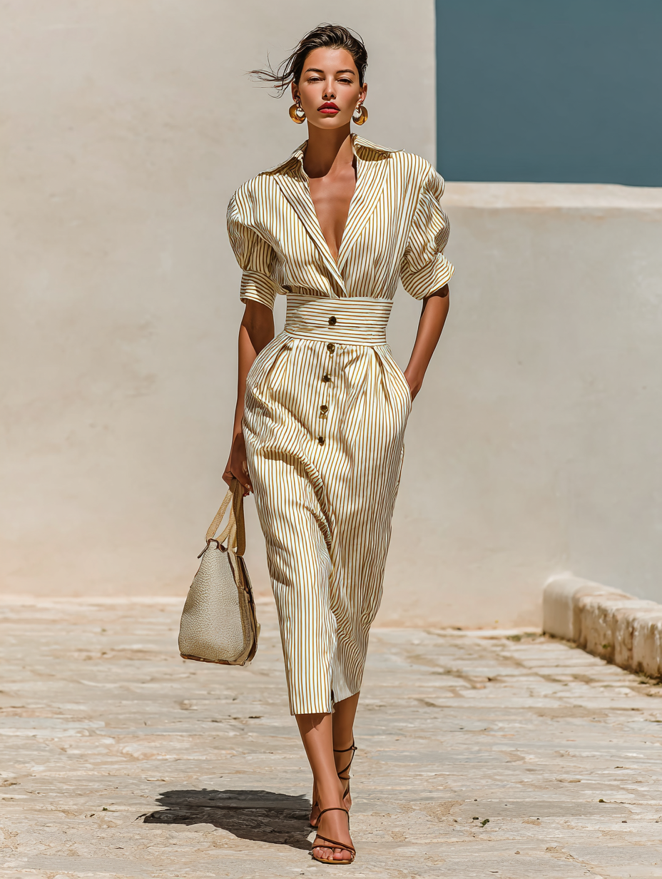 Elegant Striped Midi Dress with Collar and Short Sleeves for a Classic and Chic Look