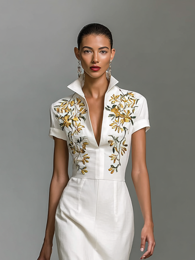 Elegant Women's Midi Dress with Embroidery V-Neck and Short Sleeves for a Sophisticated Style