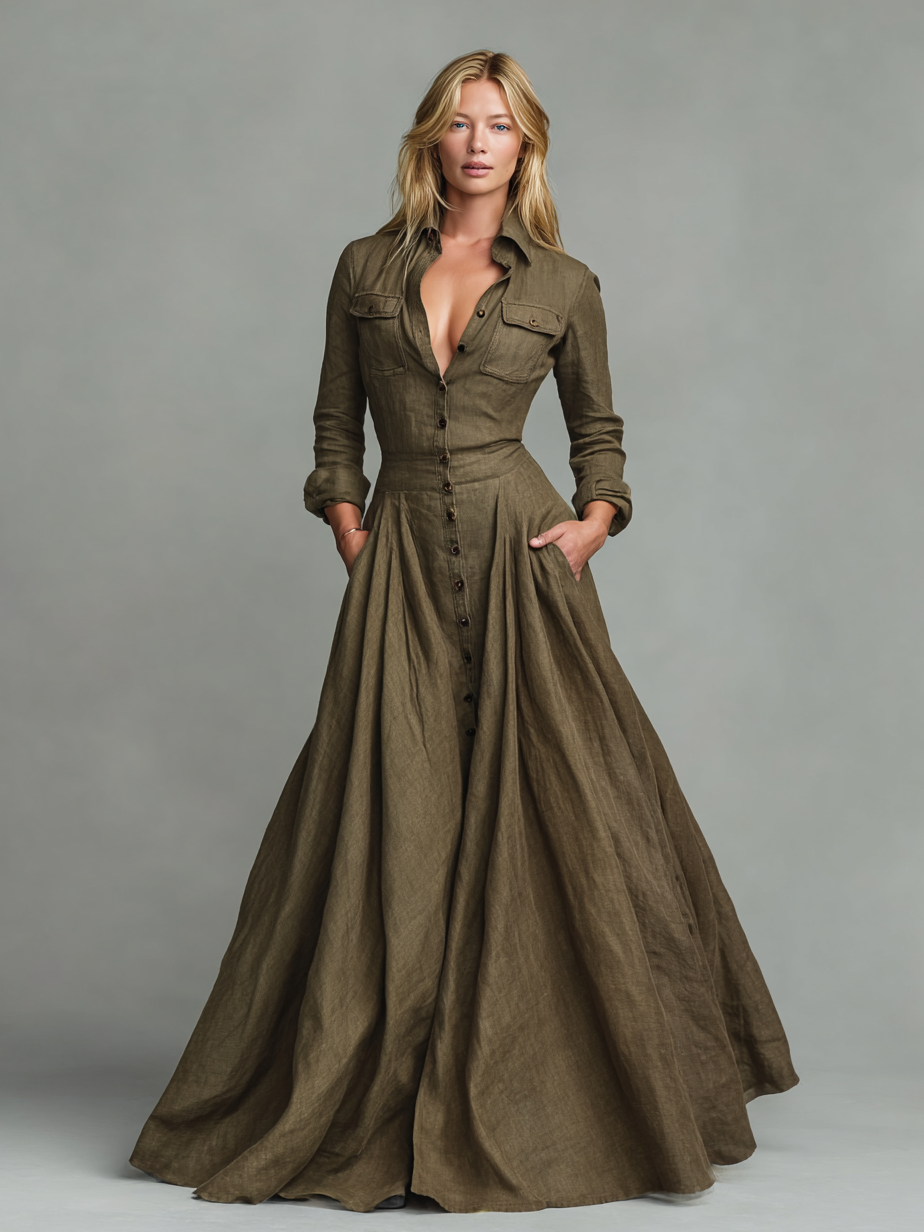 Elegant Maxi Vintage Cotton and Linen Dress with Shirt Design for Women
