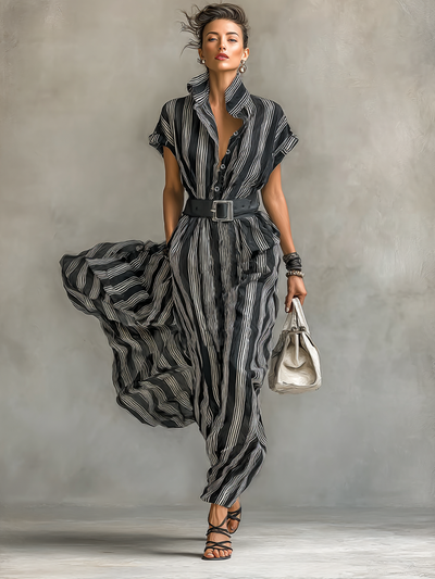 Maxi Striped Chiffon Dress with Collar Short Sleeves and Belt for an Elegant and Casual Look Women