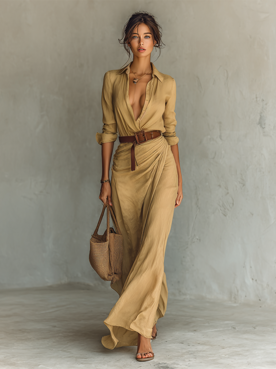 Elegant Long Maxi Dress with Collar and Belt Included for a Refined Style