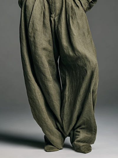 Elegant women's double set in cotton and linen with a long-sleeve shirt and wide-leg pants for a refined style