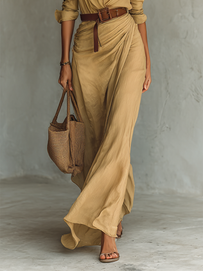 Elegant Long Maxi Dress with Collar and Belt Included for a Refined Style
