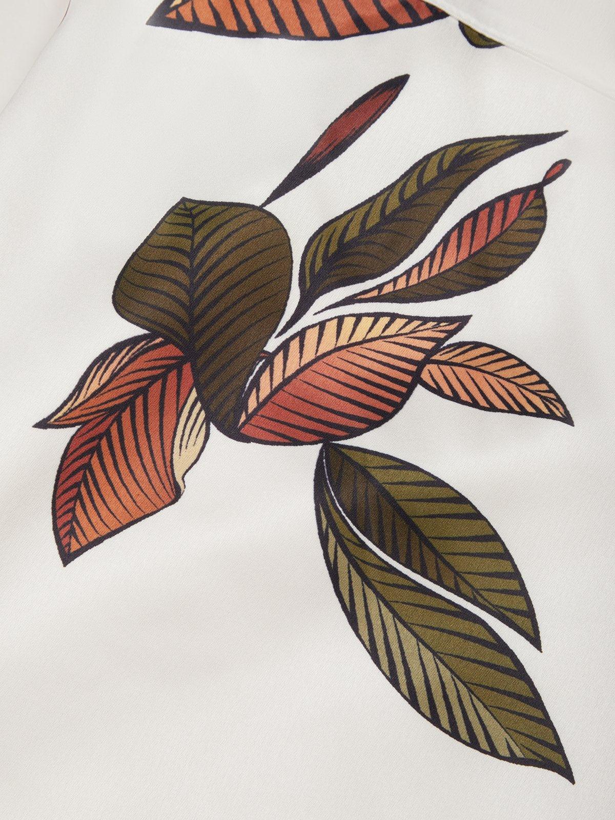 White Leaf Satin Midi Dress with Short Sleeves and Wrap Sheath Design