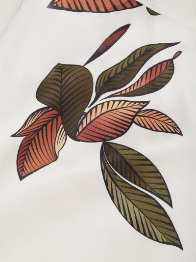 White Leaf Satin Midi Dress with Short Sleeves and Wrap Sheath Design