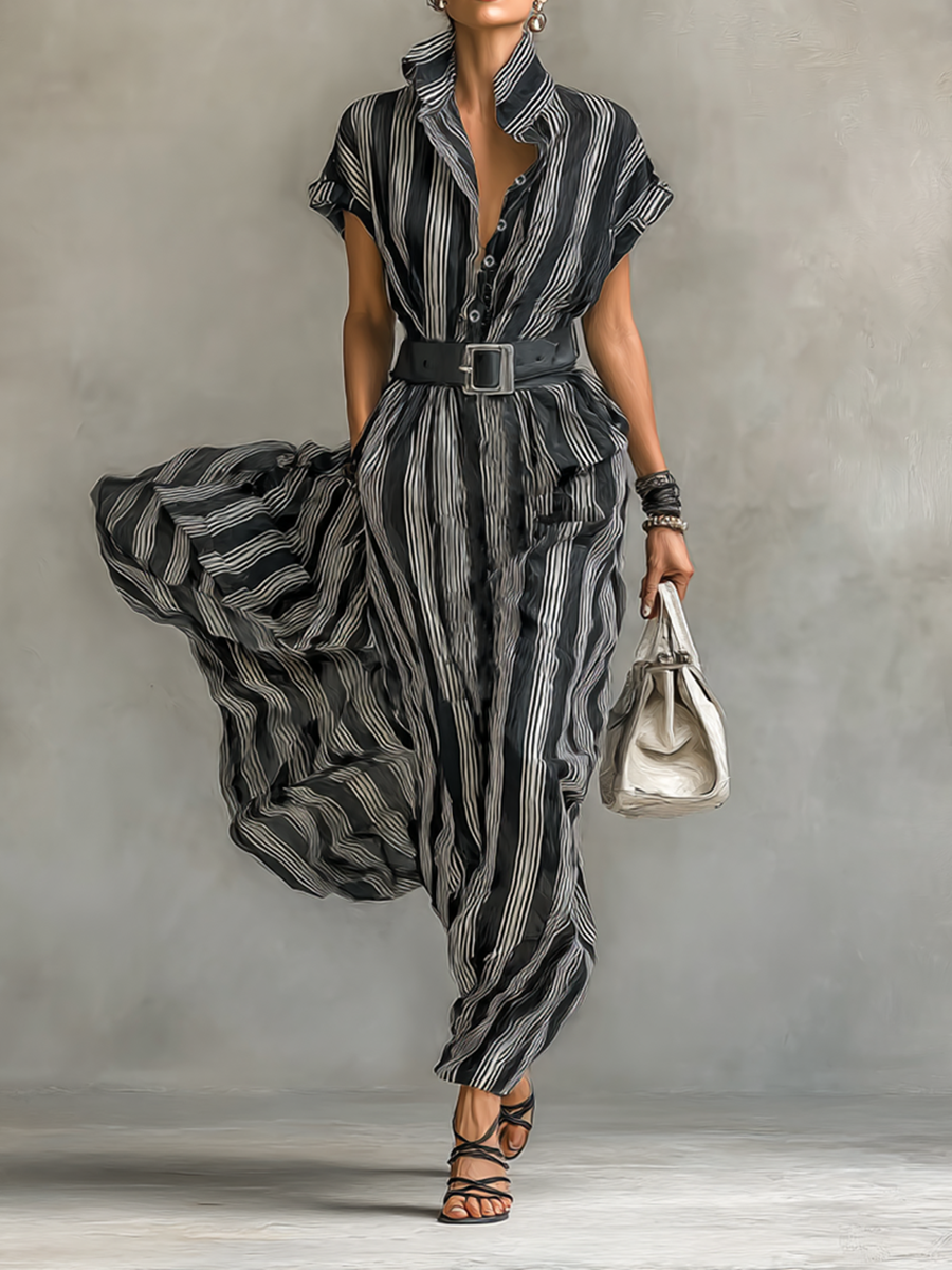 Maxi Striped Chiffon Dress with Collar Short Sleeves and Belt for an Elegant and Casual Look Women