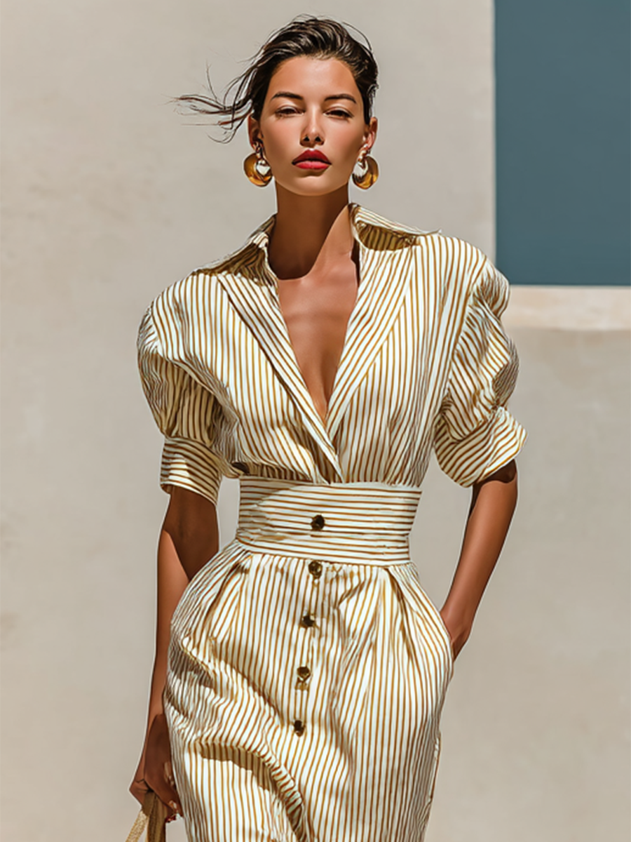 Elegant Striped Midi Dress with Collar and Short Sleeves for a Classic and Chic Look