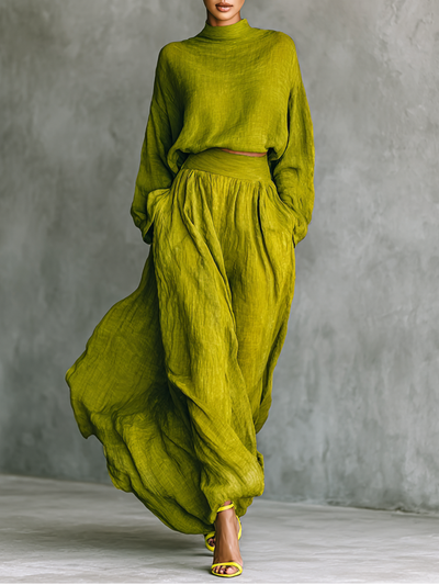 Elegant women's complete set in green cotton and linen, style and comfort in a single set