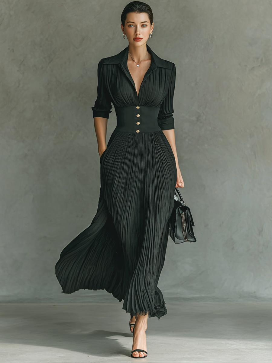 Elegant Maxi Long Dress with Long Sleeves, V-Neckline, and Sophisticated Pleats