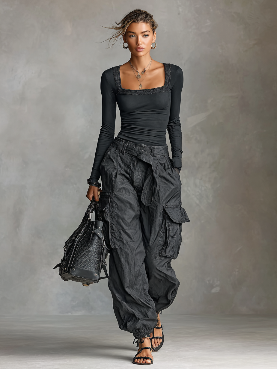 Elegant Two-Piece Set with Long Sleeve Square Neck T-Shirt and Comfortable Cargo Pants with Multiple Pockets