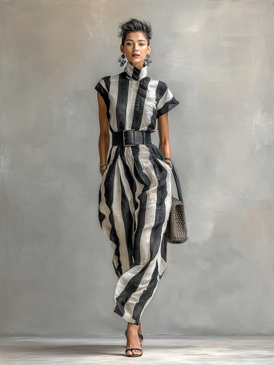 Elegant Maxi Chiffon Dress with High Collar and Short Sleeves for a Sophisticated Style