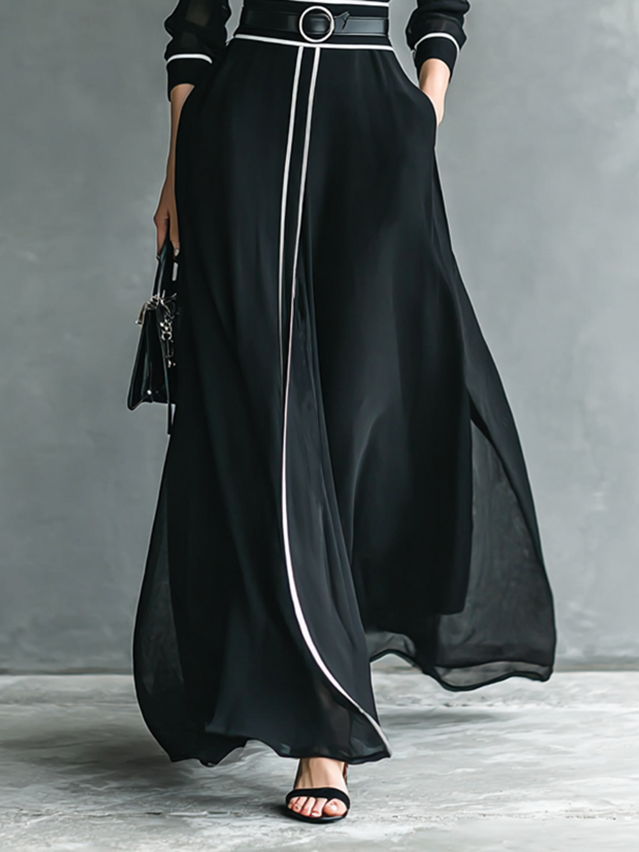 Elegant Maxi Chiffon Dress with High Collar and Long Sleeves for Women with White Detail