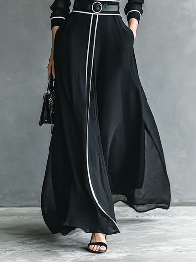 Elegant Maxi Chiffon Dress with High Collar and Long Sleeves for Women with White Detail
