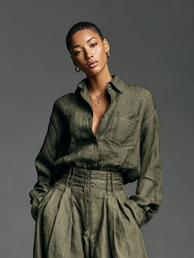 Elegant women's double set in cotton and linen with a long-sleeve shirt and wide-leg pants for a refined style