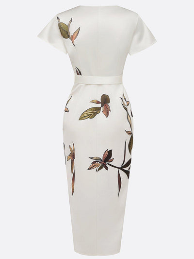 White Leaf Satin Midi Dress with Short Sleeves and Wrap Sheath Design