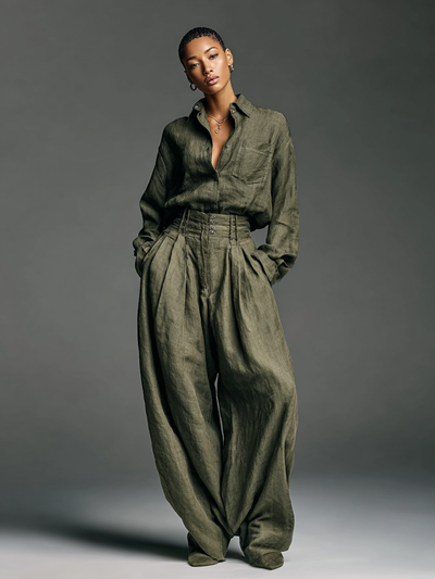 Elegant women's double set in cotton and linen with a long-sleeve shirt and wide-leg pants for a refined style
