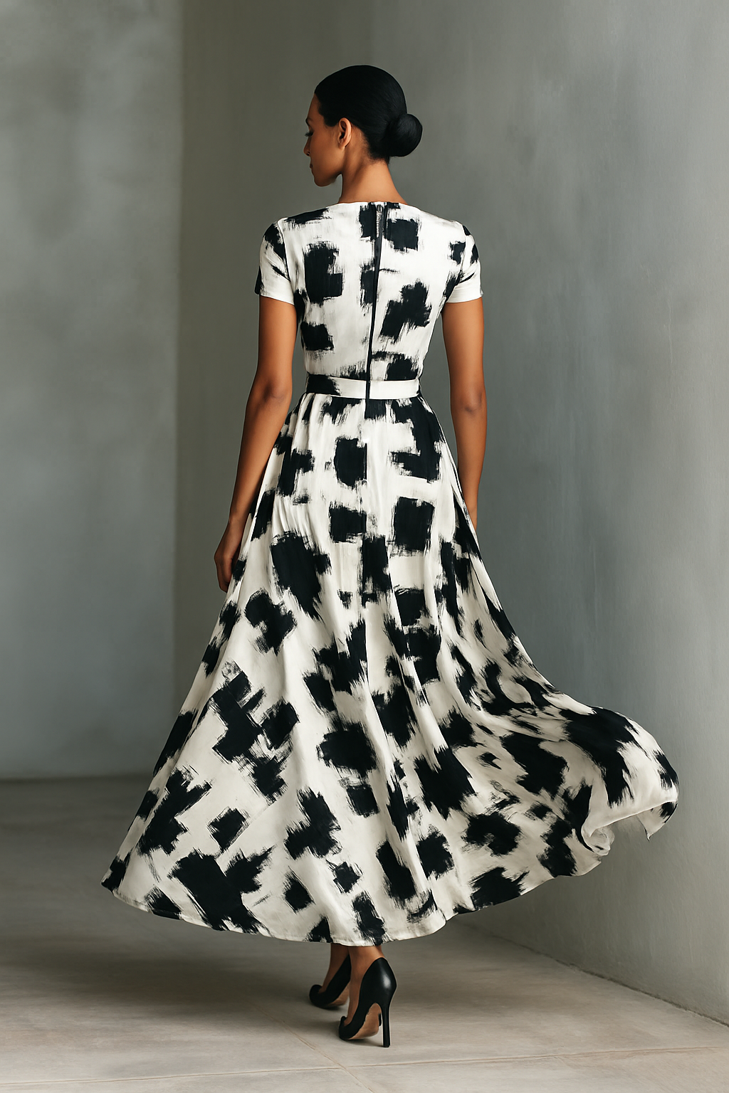Elegant Maxi Dress with Short Sleeves and Unique Abstract Pattern