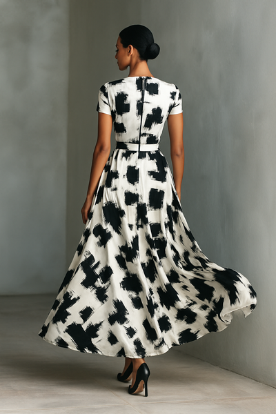 Elegant Maxi Dress with Short Sleeves and Unique Abstract Pattern