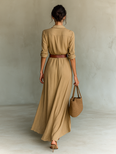 Elegant Long Maxi Dress with Collar and Belt Included for a Refined Style