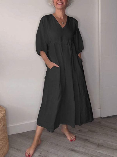 Lucy ™ | Casual V-Neck Midi Dress with Pockets