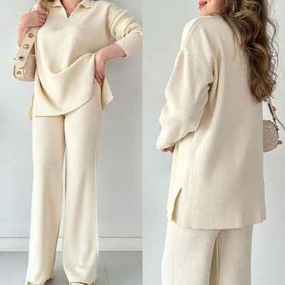 The Ella™ - Casual two-piece set with V-neck and slit
