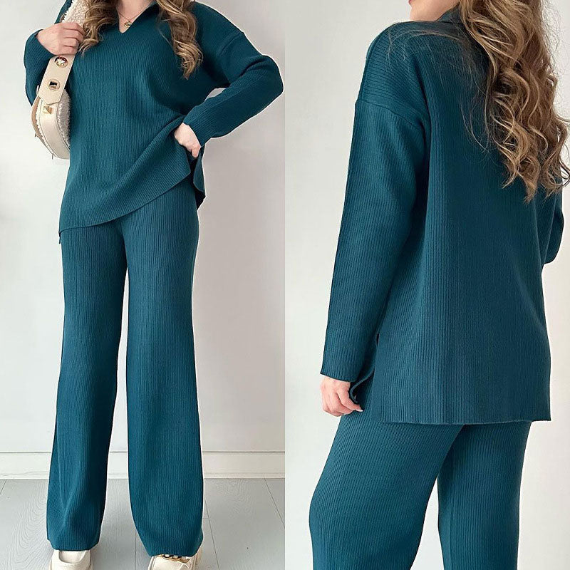 The Ella™ - Casual two-piece set with V-neck and slit