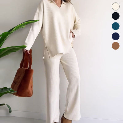 The Ella™ - Casual two-piece set with V-neck and slit