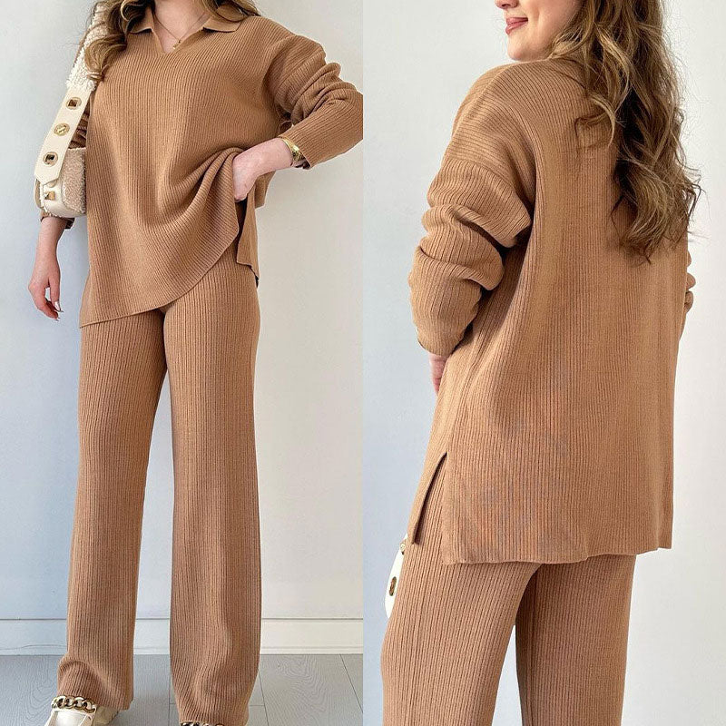 The Ella™ - Casual two-piece set with V-neck and slit