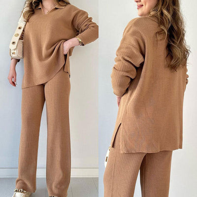 The Ella™ - Casual two-piece set with V-neck and slit