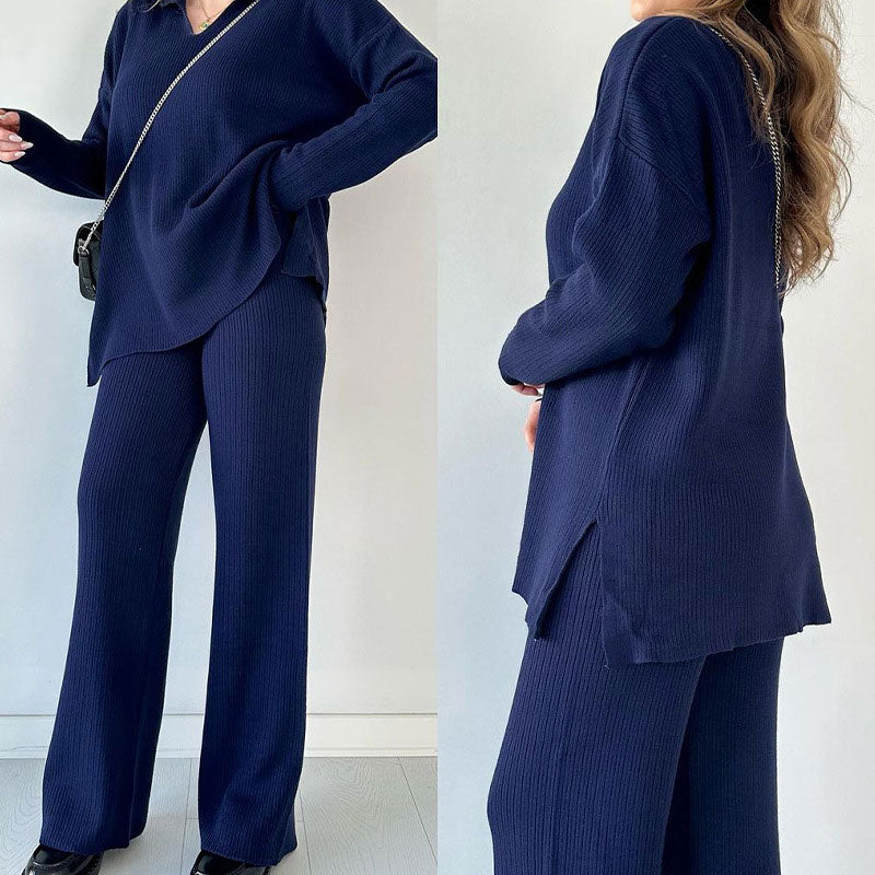 The Ella™ - Casual two-piece set with V-neck and slit