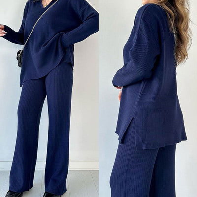 The Ella™ - Casual two-piece set with V-neck and slit