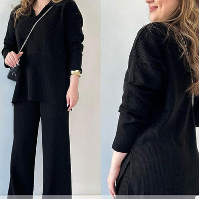 The Ella™ - Casual two-piece set with V-neck and slit
